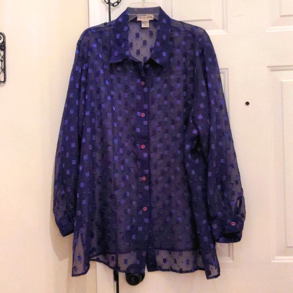 Notations Woman Sheer Purple Long-Sleeved Blouse, 2X